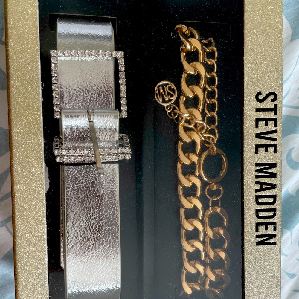 Steve Madden Belt -Set of 2 Faux Leather Rhinestone Accent gold Chain Link. L/XL